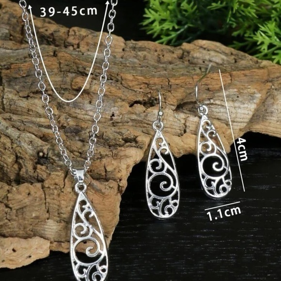 3 pcs Hollow Out Water Drop Pendant Earrings Necklace Jewelry Set Silver Plated - Picture 5 of 6
